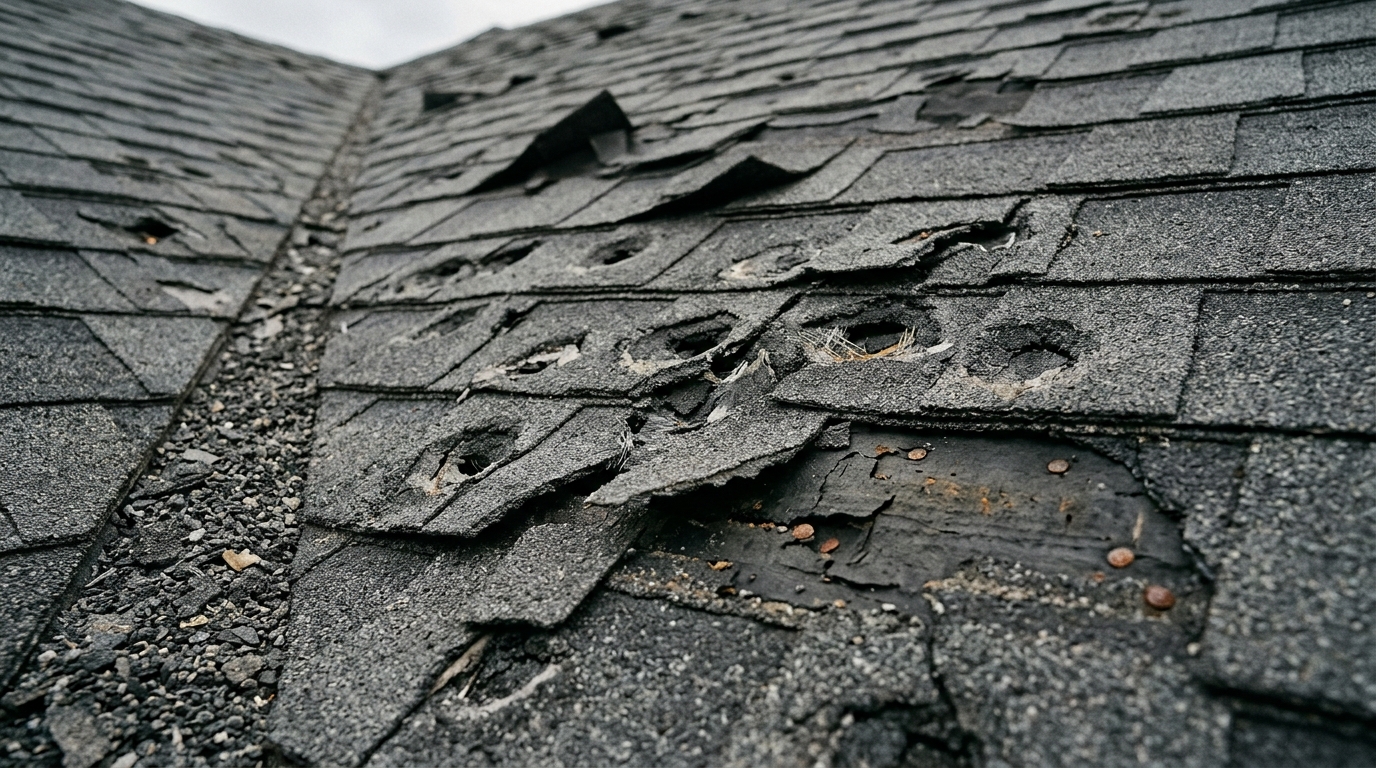 Storm Damaged Hail Pitted and Missing Shingles